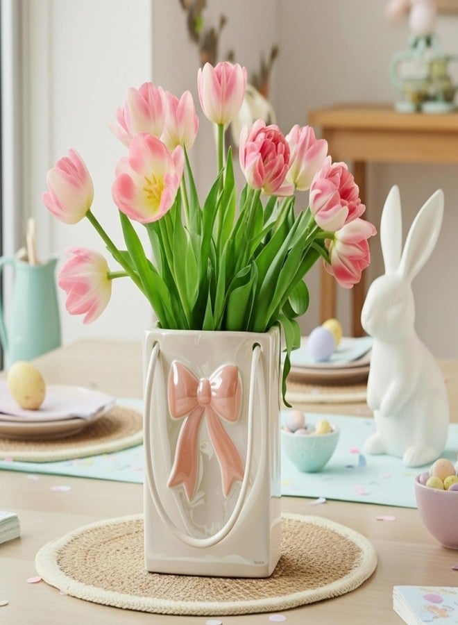Ninehaoou Pink Bow Handbag Flower Vase 7.16 Inch Ceramic Purse Vase Hanging Coquette Decor Christmas Centerpiece for Table Shelf Living Room Women Girl Gifts - Image 1